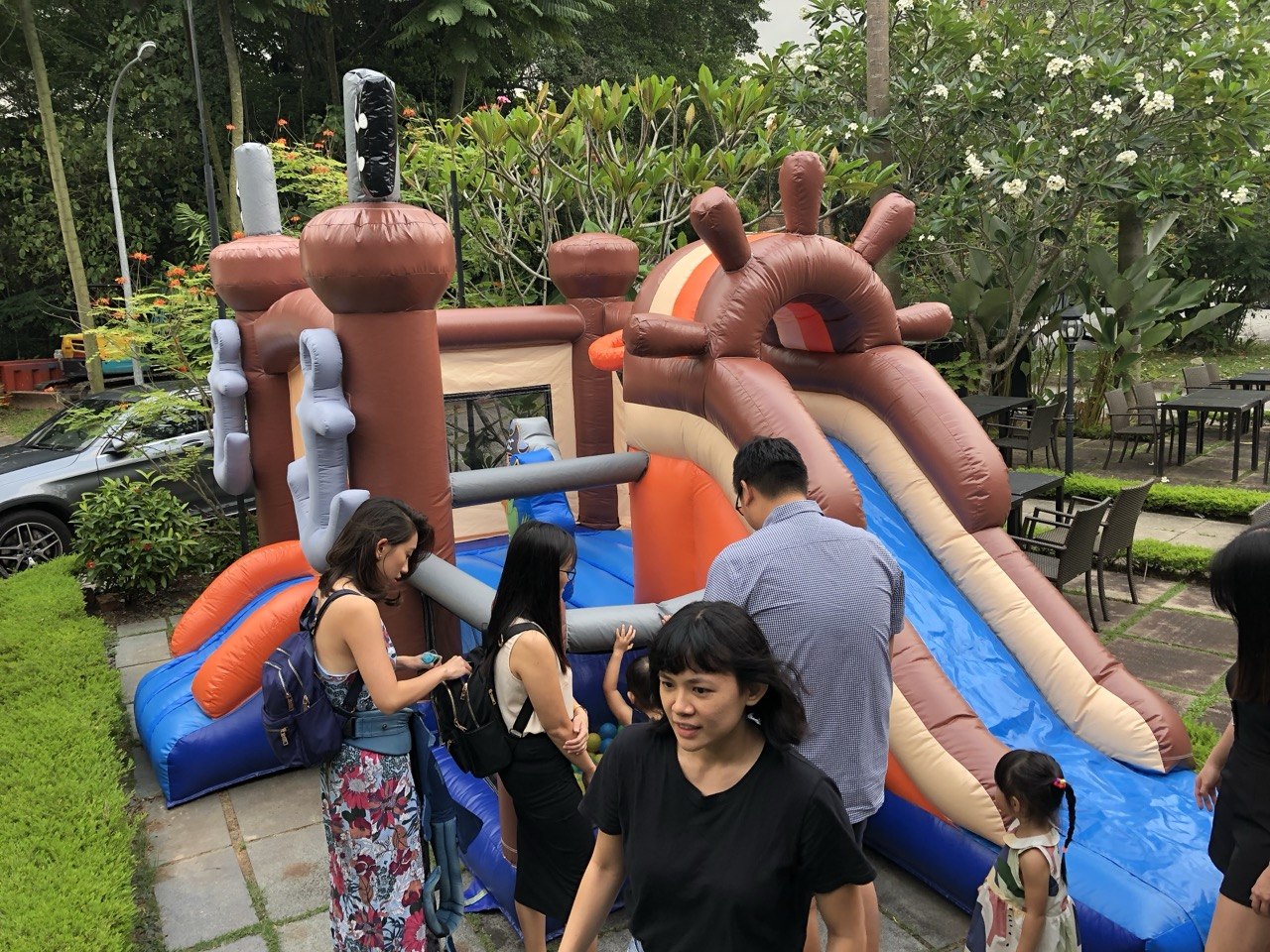 Pirate ship bouncy castle set up indoors